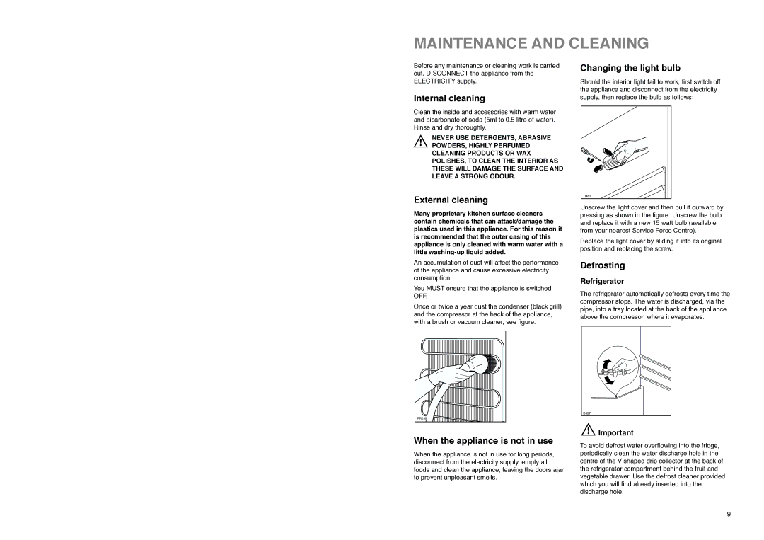 Electrolux ER 8126 B manual Maintenance and Cleaning, External cleaning, Defrosting, Refrigerator 