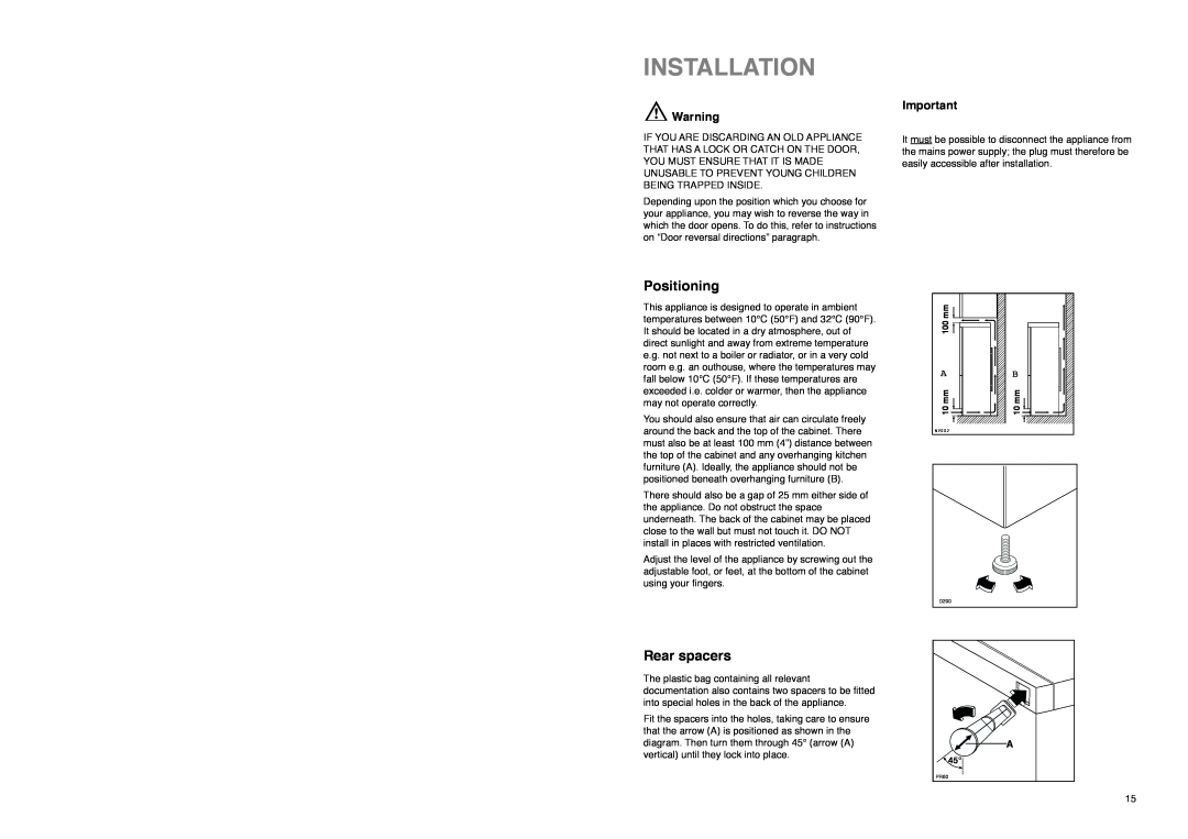 Electrolux ER 8126 B manual Installation, Positioning, Rear spacers 