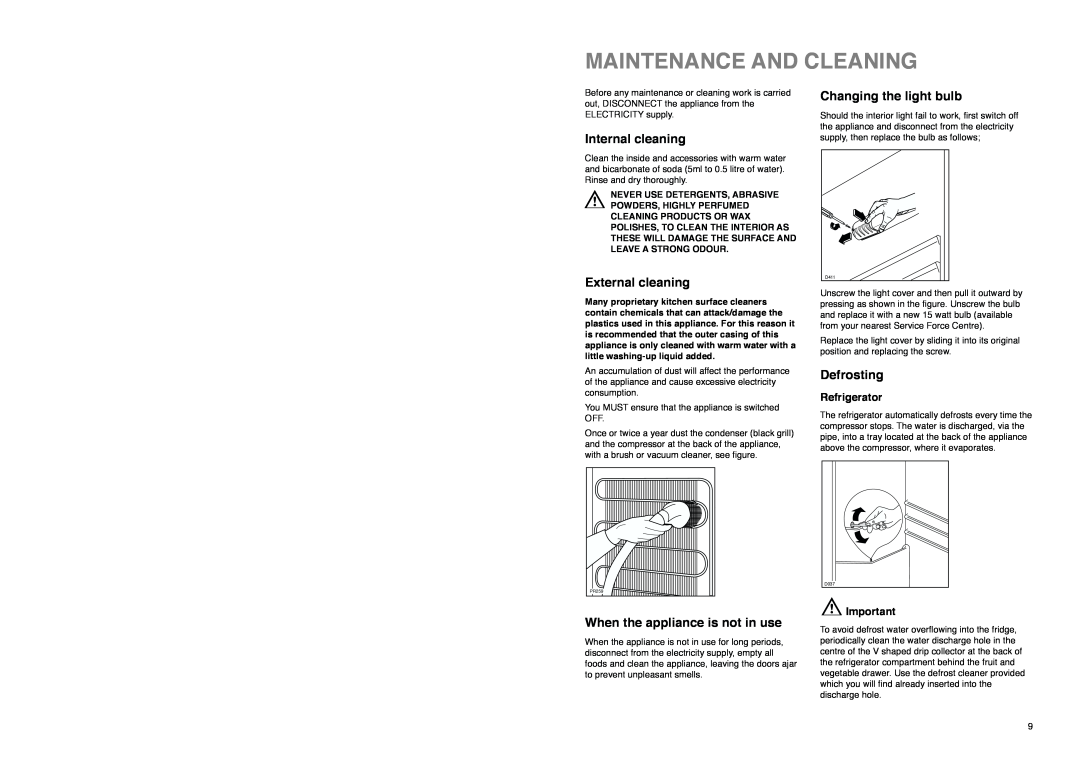 Electrolux ER 8126 B Maintenance And Cleaning, External cleaning, Defrosting, Internal cleaning, Changing the light bulb 