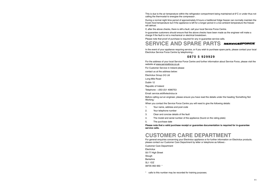 Electrolux ER 8126/1 B manual Service and Spare Parts, Customer Care Department, 7 0 5 9 2 9 9 2 