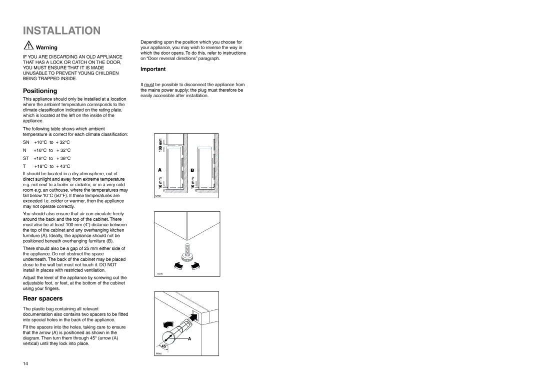 Electrolux ER 8126/1 B manual Installation, Positioning, Rear spacers 