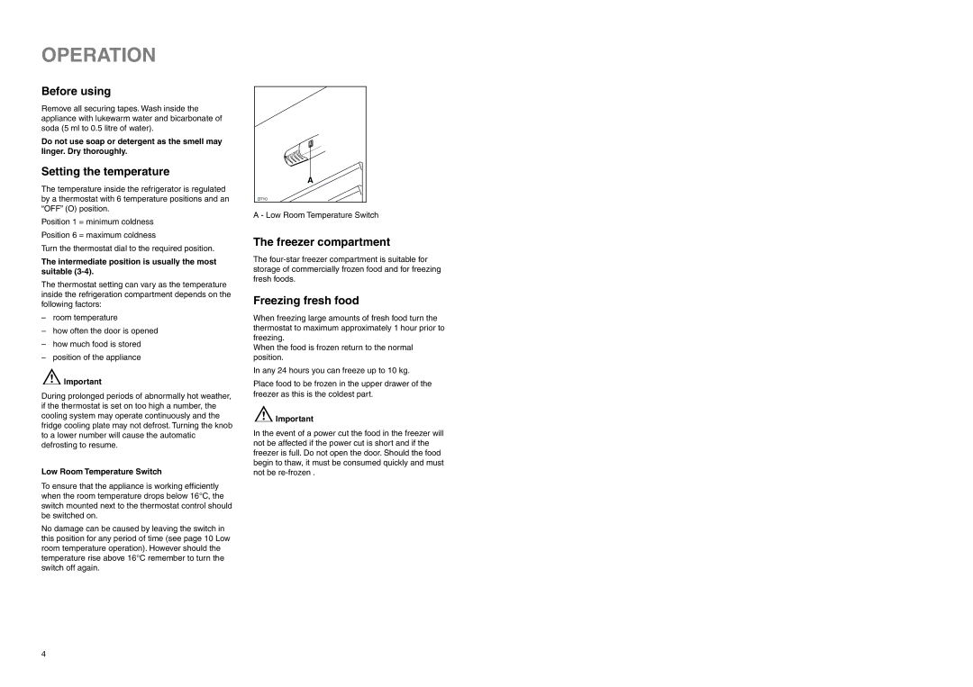 Electrolux ER 8126/1 B manual Operation, Before using, Setting the temperature, Freezer compartment, Freezing fresh food 