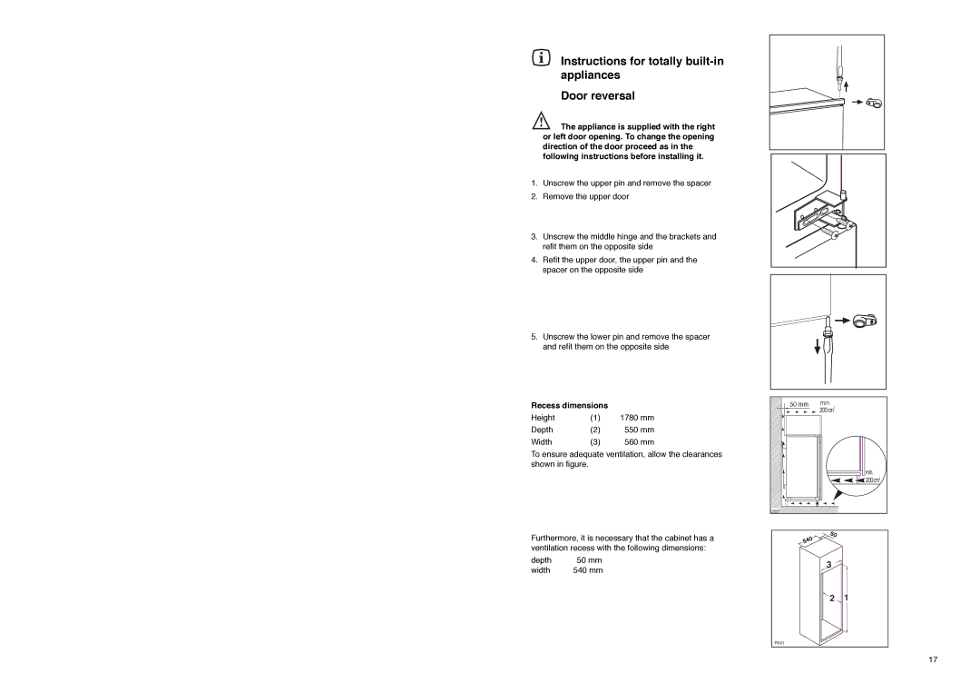 Electrolux ER 8133 I manual Instructions for totally built-in appliances Door reversal, Recess dimensions, 540 