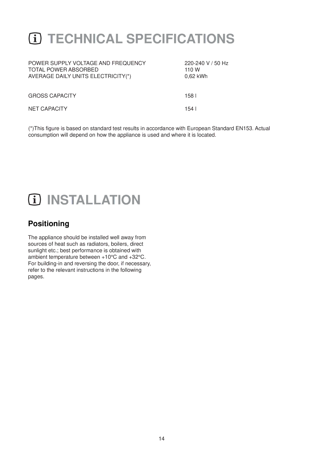 Electrolux ER6633I manual Technical Specifications, Installation, Positioning 