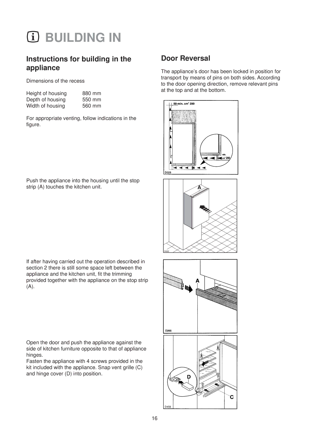 Electrolux ER6633I manual Building, Instructions for building in the appliance, Door Reversal 