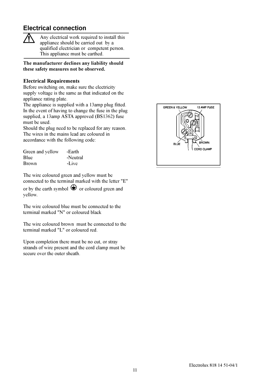 Electrolux ER8817C manual Electrical connection, Electrical Requirements 