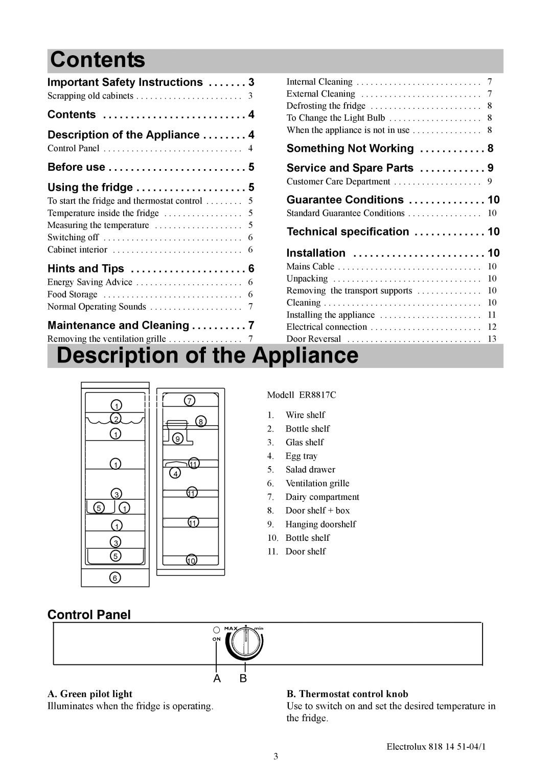 Electrolux ER8817C manual Contents, Description of the Appliance 