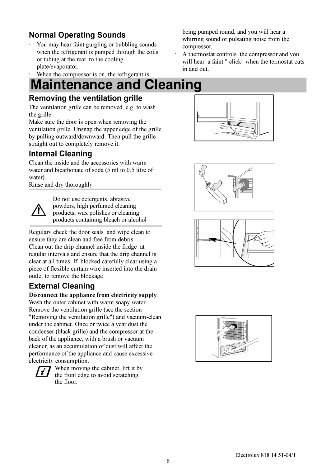 Electrolux ER8817C Maintenance and Cleaning, Normal Operating Sounds, Removing the ventilation grille, Internal Cleaning 