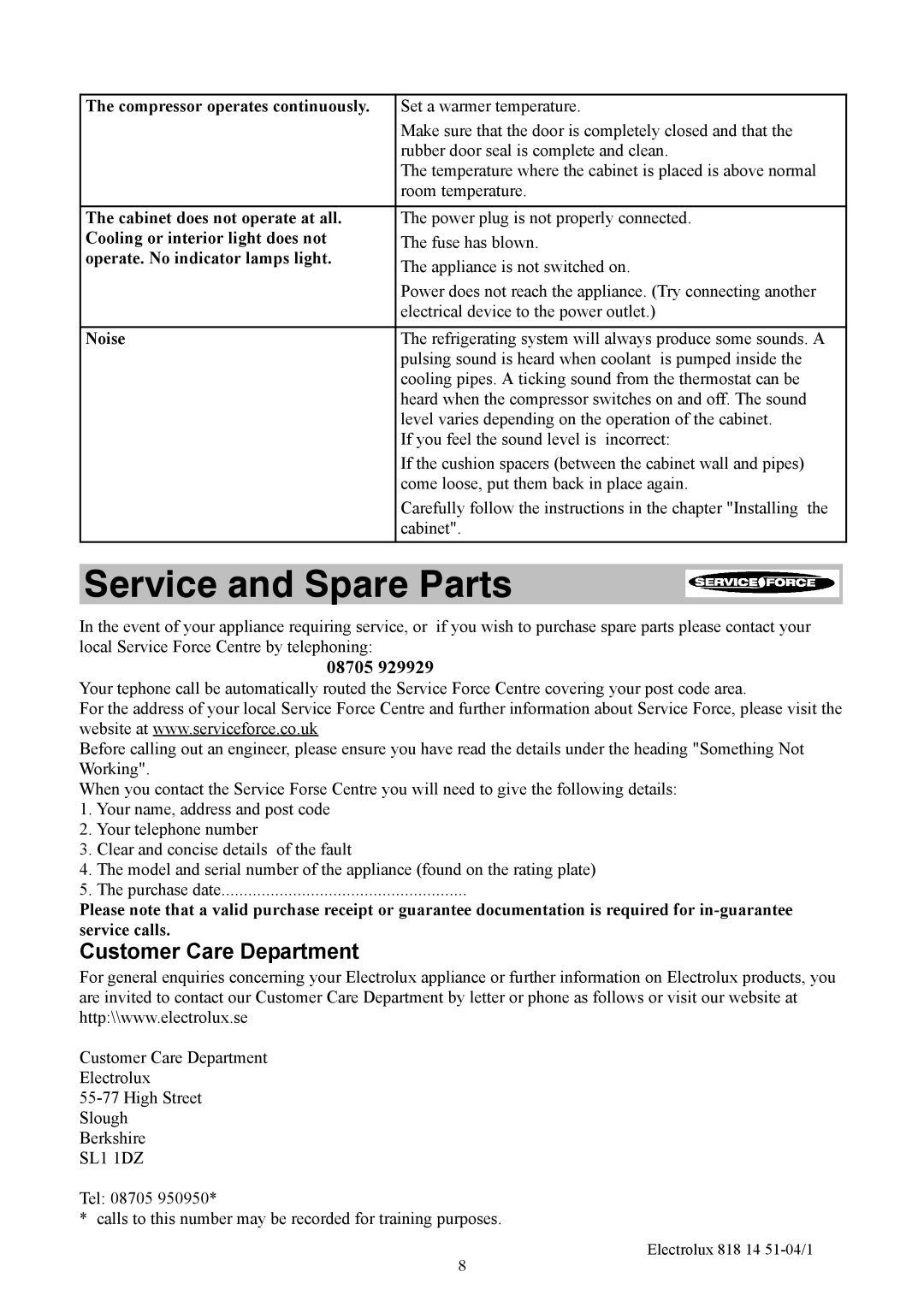 Electrolux ER8817C manual Service and Spare Parts, Customer Care Department 