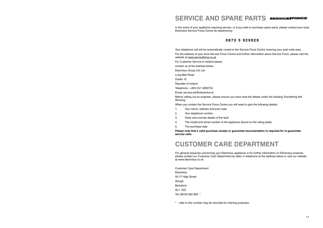 Electrolux ERB 3023 manual Service and Spare Parts, Customer Care Department, 7 0 5 9 2 9 9 2 