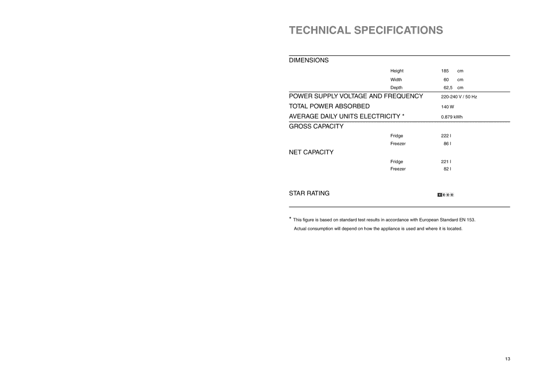 Electrolux ERB 3023 manual Technical Specifications, Star Rating 