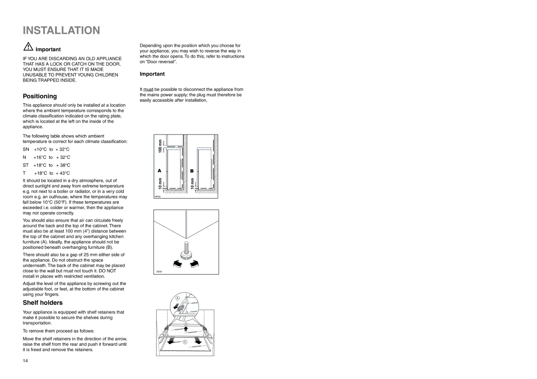 Electrolux ERB 3023 manual Installation, Positioning, Shelf holders 