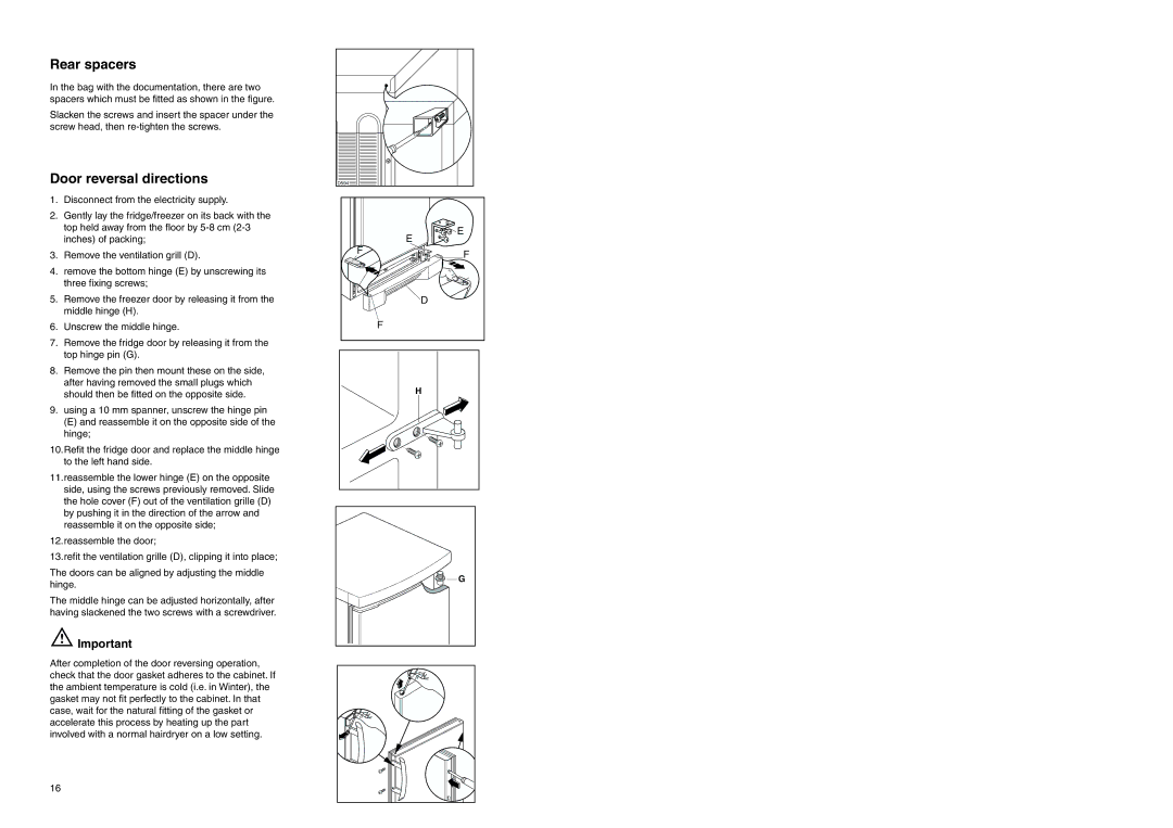 Electrolux ERB 3023 manual Rear spacers, Door reversal directions 