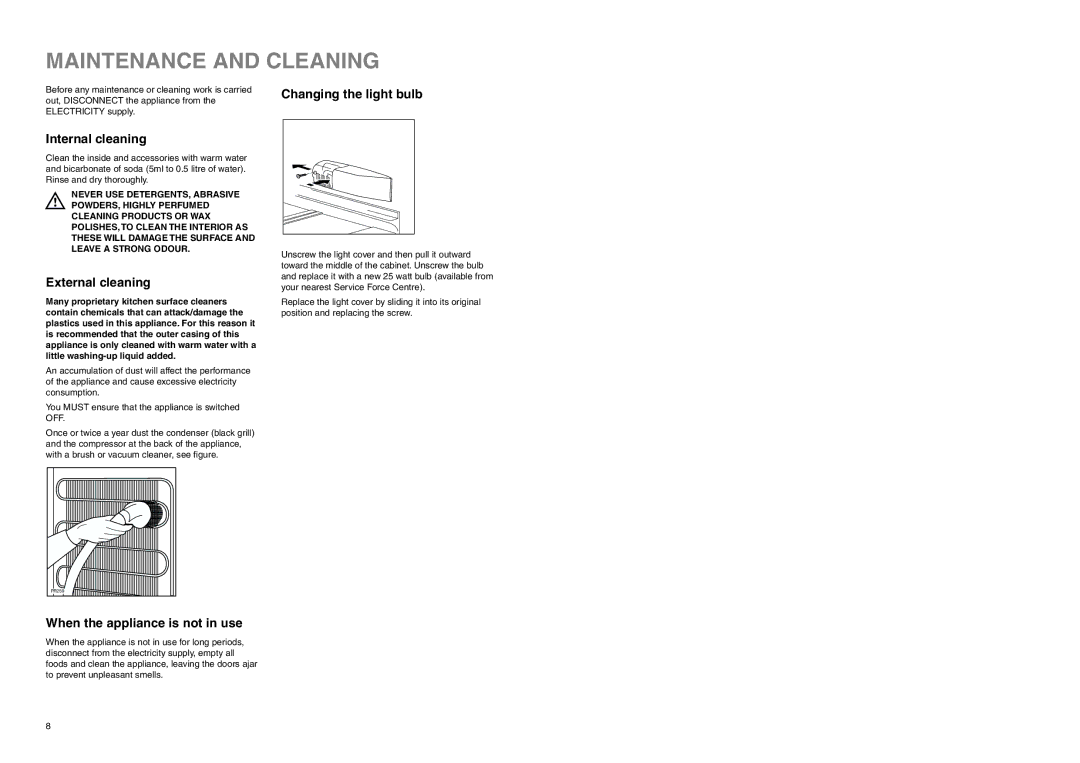 Electrolux ERB 3023 manual Maintenance and Cleaning, Internal cleaning, External cleaning, Changing the light bulb 