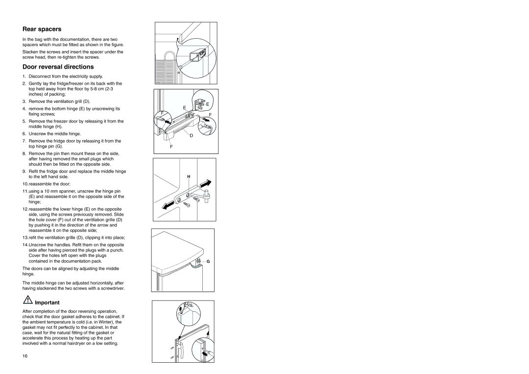 Electrolux ERB 3225 X manual Rear spacers, Door reversal directions 