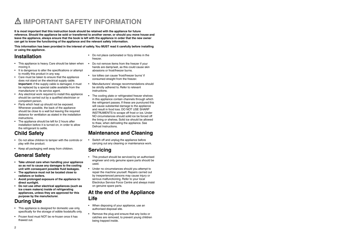 Electrolux ERB 3225 X Important Safety Information, Installation, Child Safety, General Safety, During Use, Servicing 