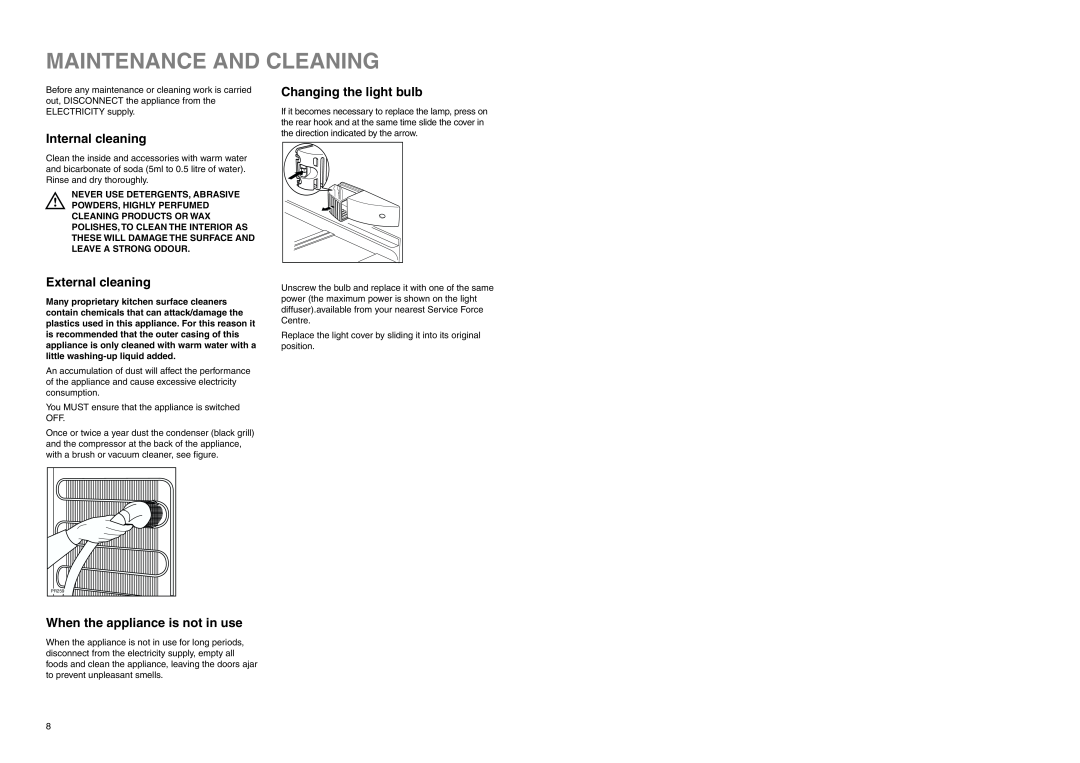 Electrolux ERB 3225 X manual Maintenance And Cleaning, Internal cleaning, External cleaning, Changing the light bulb 