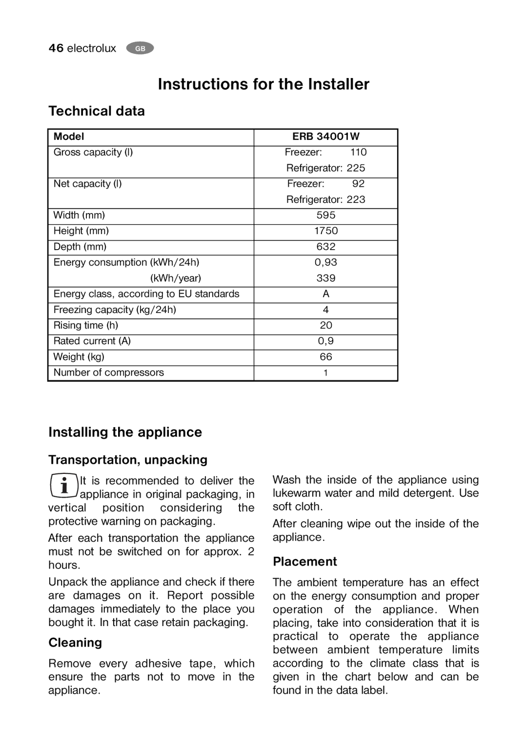 Electrolux ERB 34001W manual Instructions for the Installer, Technical data, Installing the appliance 