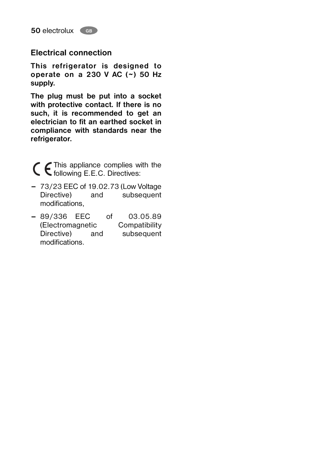 Electrolux ERB 34001W manual Electrical connection 