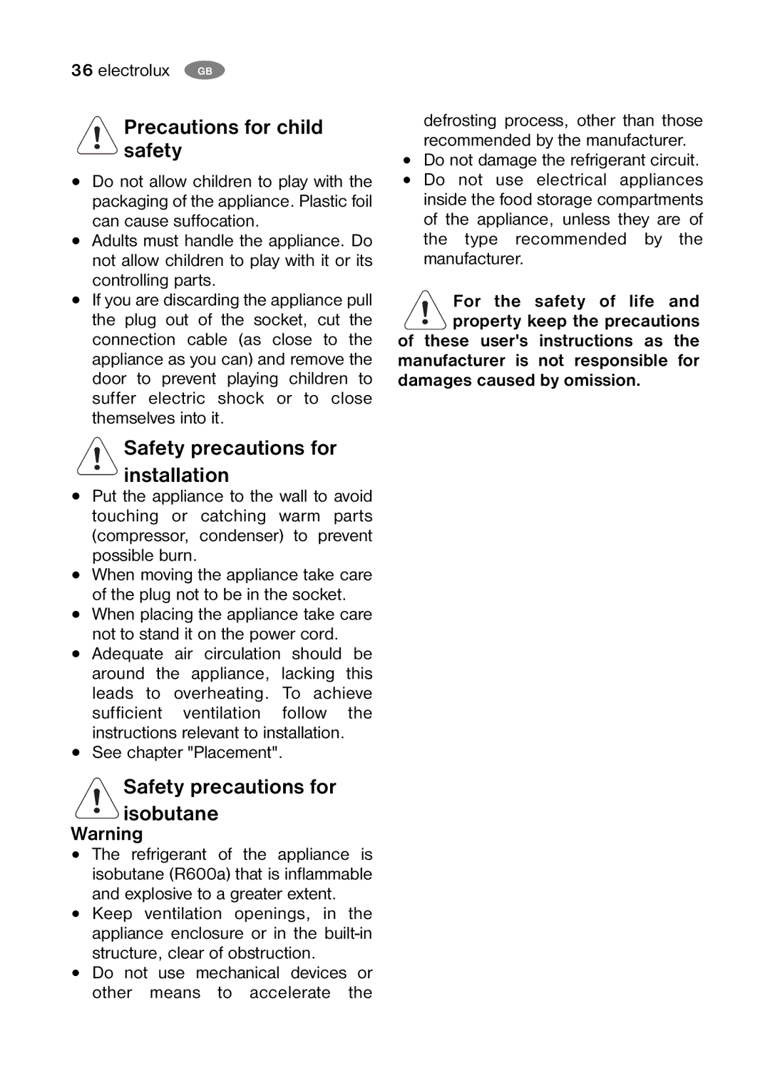 Electrolux ERB 34001W Precautions for child safety, Safety precautions for installation, Safety precautions for isobutane 