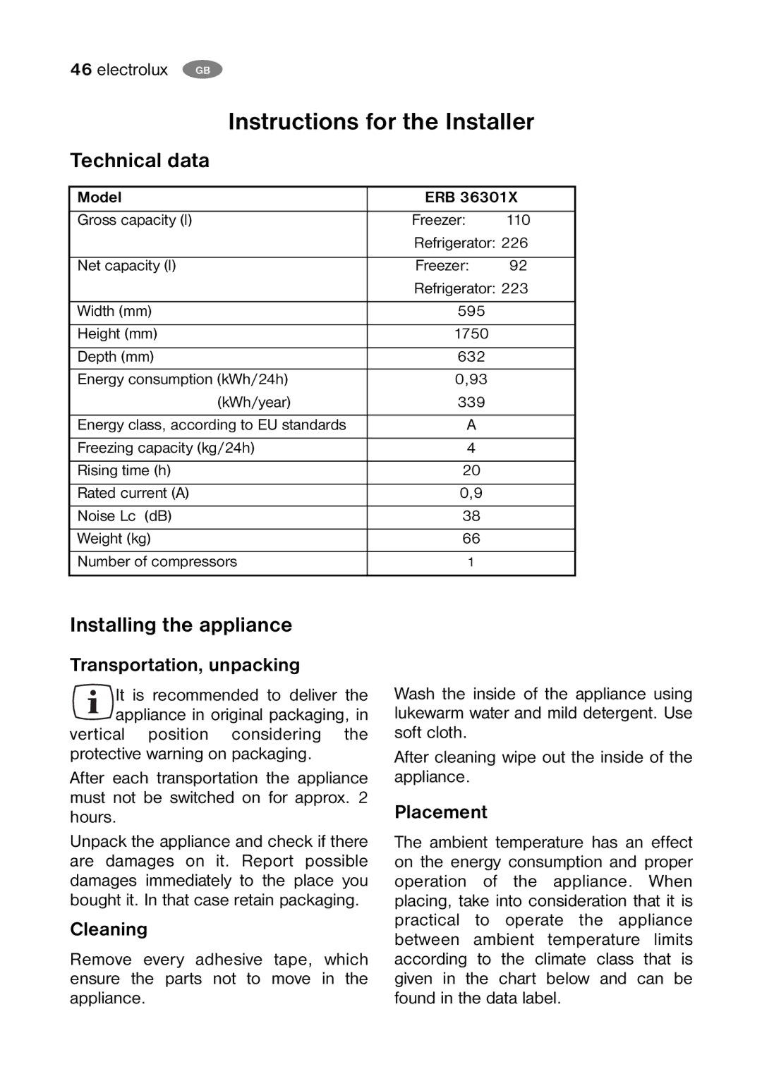 Electrolux ERB 36301X manual Instructions for the Installer, Technical data, Installing the appliance 