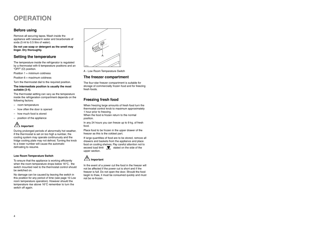 Electrolux ERB 7525 manual Operation, Before using, Setting the temperature, Freezer compartment, Freezing fresh food 