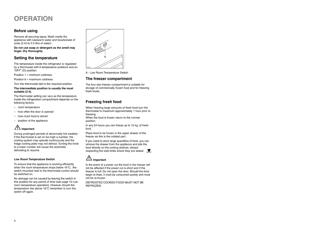 Electrolux ERB 7821 manual Operation, Before using, Setting the temperature, Freezer compartment, Freezing fresh food 