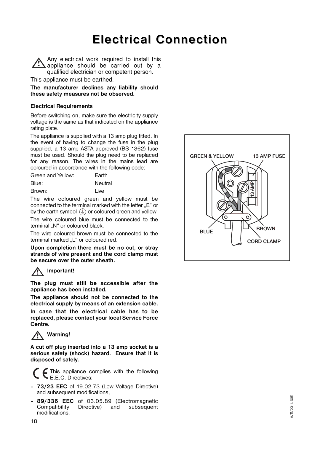 Electrolux ERB 8441 manual Electrical Connection, Green and Yellow, BlueNeutral BrownLive 