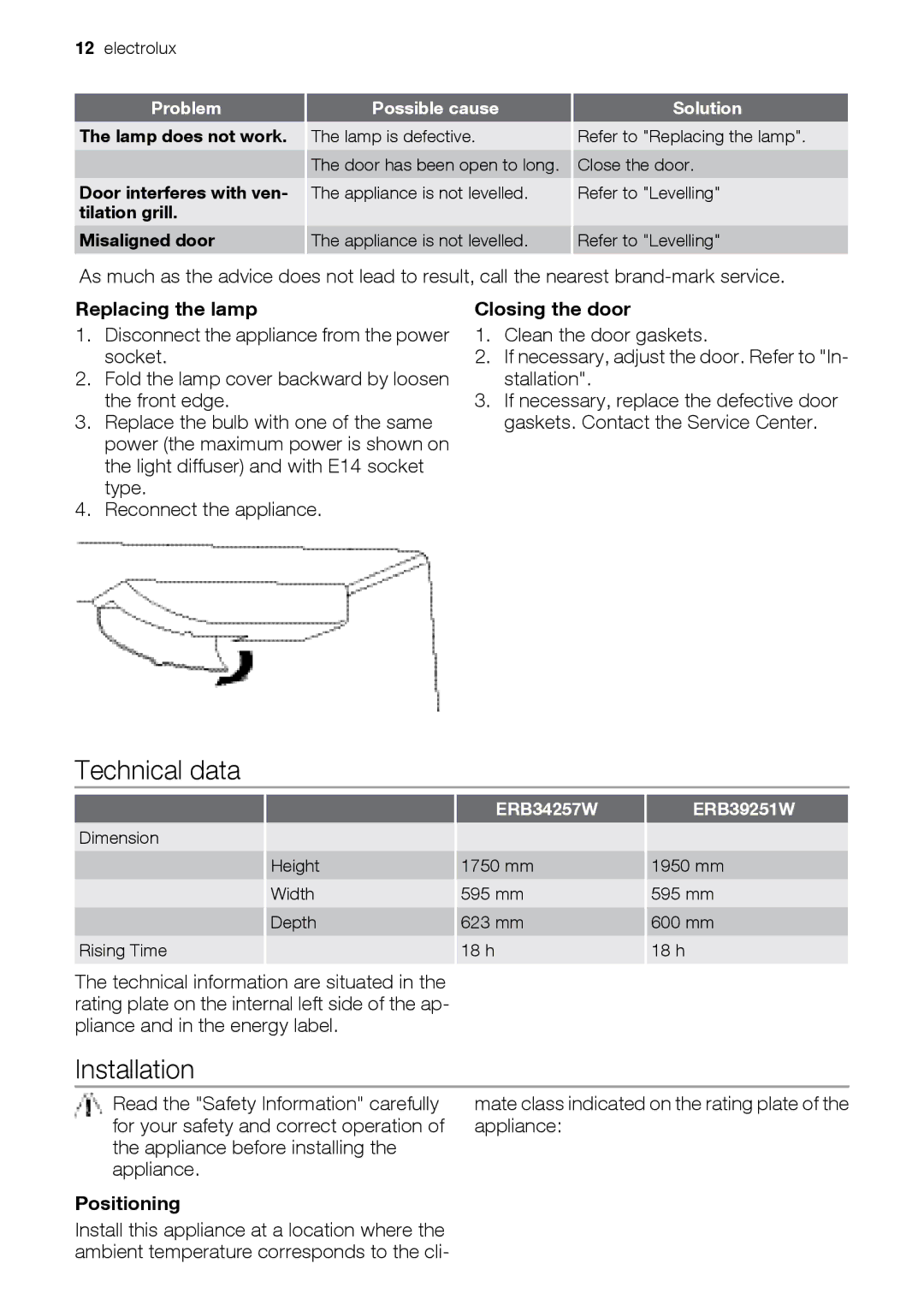 Electrolux ERB39251W, ERB34257W user manual Technical data, Installation, Replacing the lamp, Closing the door, Positioning 