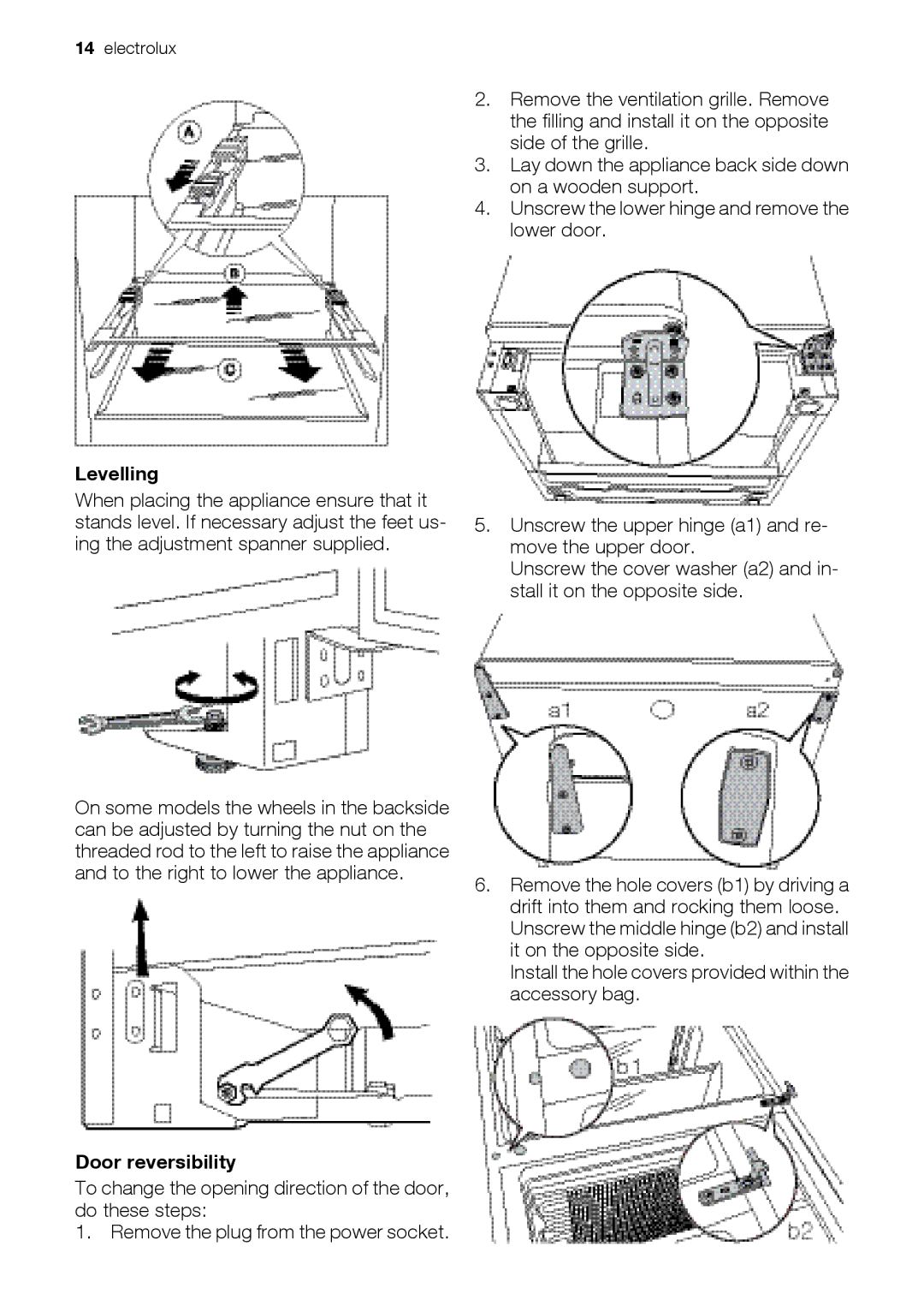 Electrolux ERB39251W, ERB34257W user manual Levelling, Door reversibility 