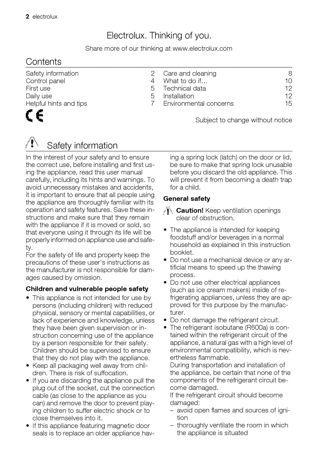 Electrolux ERB39251W, ERB34257W user manual Electrolux. Thinking of you Contents, Safety information 