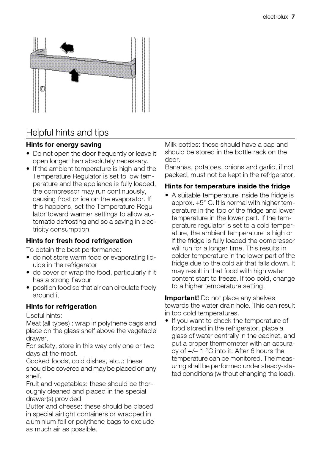 Electrolux ERB34257W, ERB39251W Helpful hints and tips, Hints for energy saving, Hints for fresh food refrigeration 