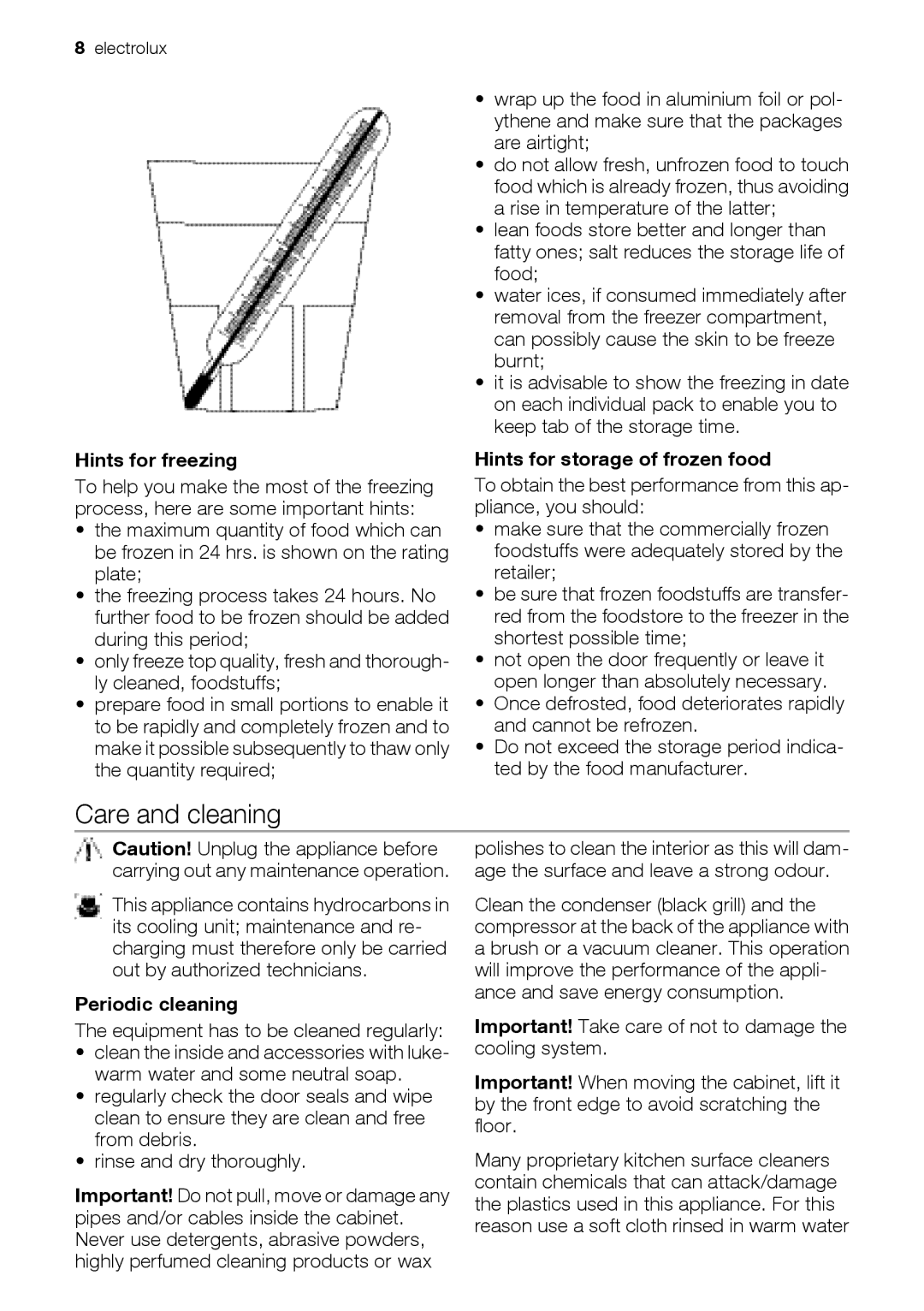 Electrolux ERB39251W, ERB34257W Care and cleaning, Hints for freezing, Hints for storage of frozen food, Periodic cleaning 