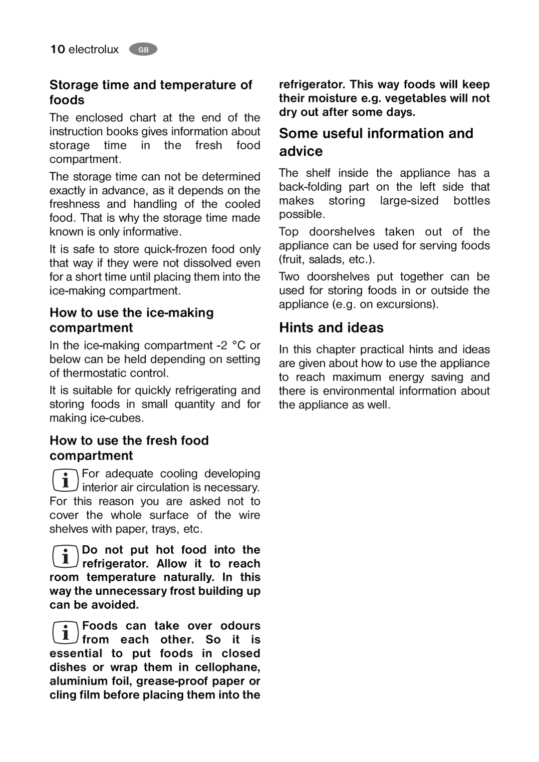 Electrolux ERC 07002W8 manual Some useful information and advice, Hints and ideas, Storage time and temperature of foods 