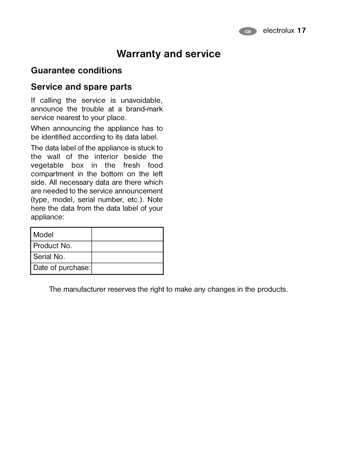 Electrolux ERC 07002W8 manual Warranty and service, Guarantee conditions Service and spare parts 