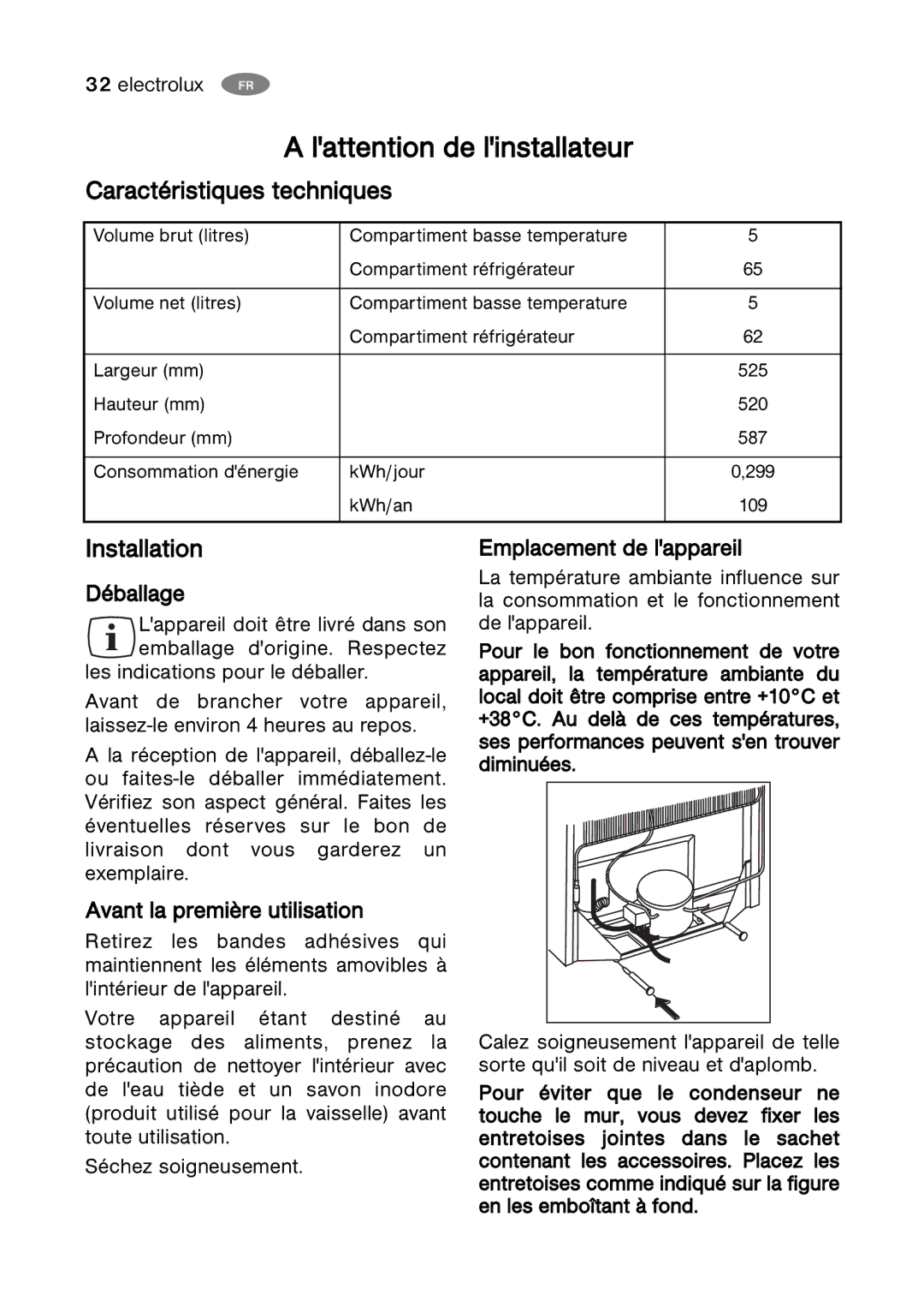 Electrolux ERC 07002W8 manual Lattention de linstallateur, Caractéristiques techniques 