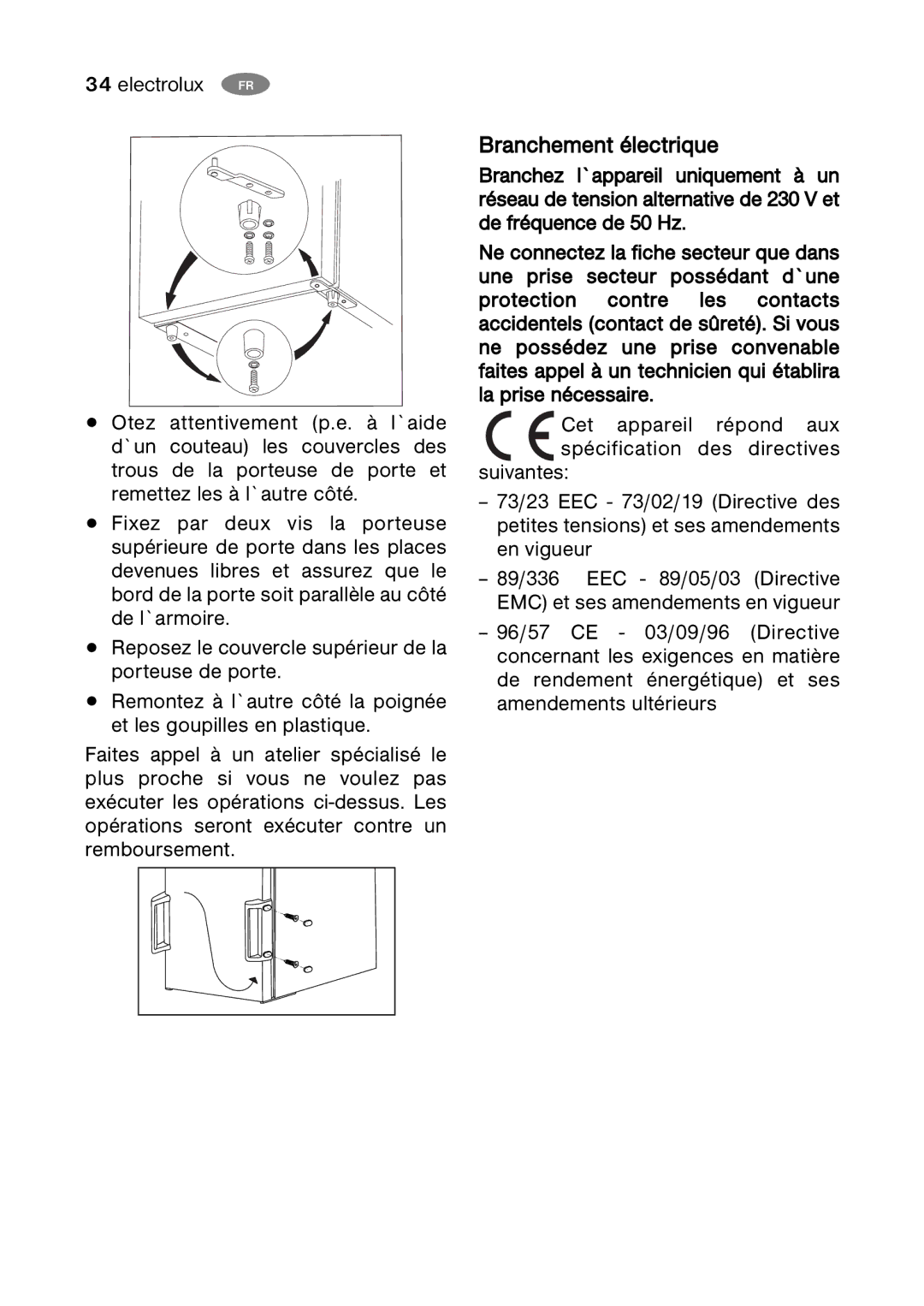 Electrolux ERC 07002W8 manual Branchement électrique 