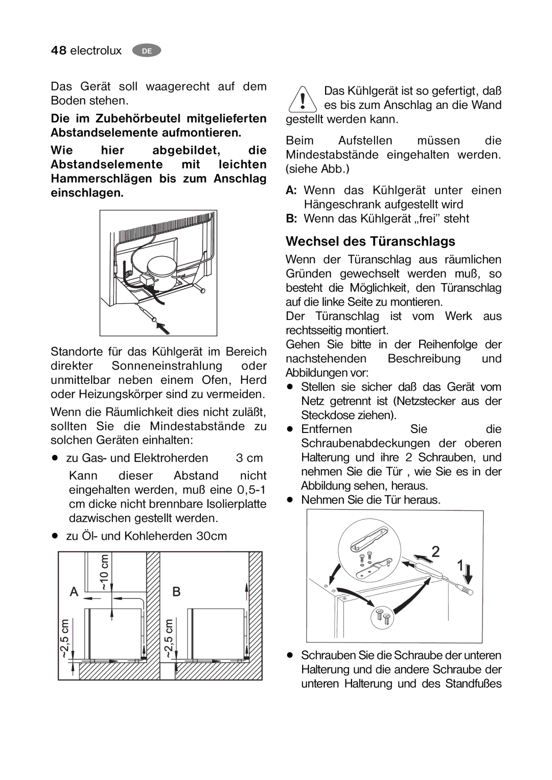 Electrolux ERC 07002W8 manual Wechsel des Türanschlags, Standorte für das Kühlgerät im Bereich 