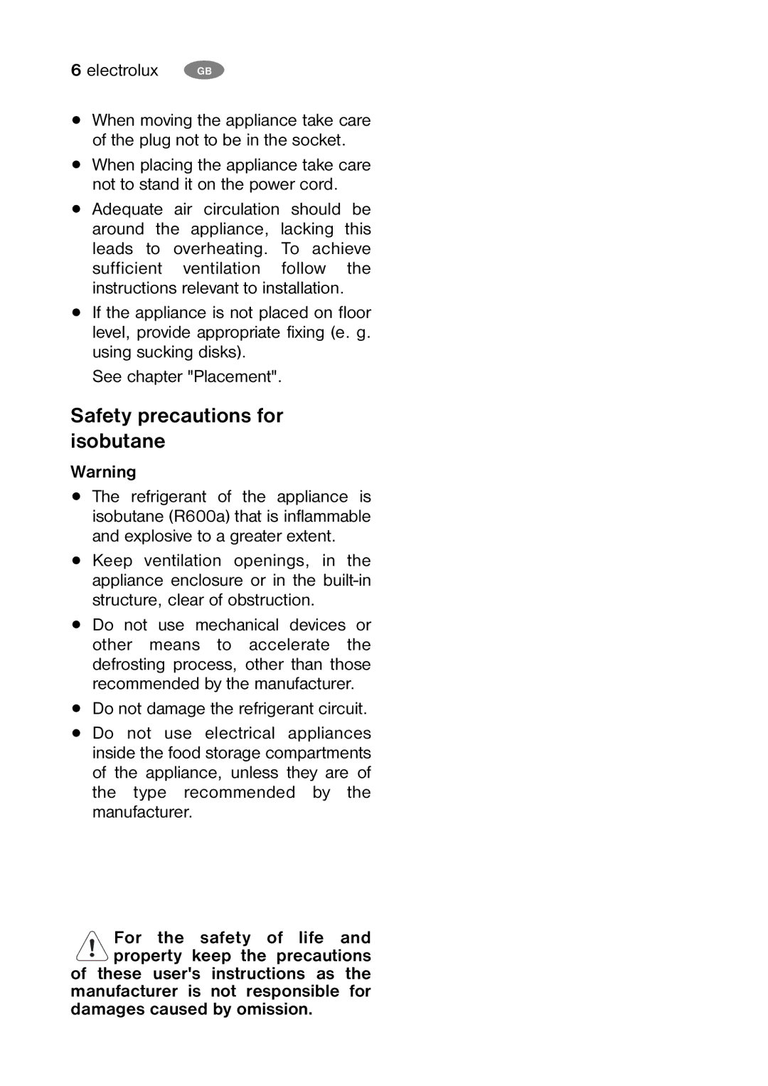 Electrolux ERC 07002W8 manual Safety precautions for isobutane 