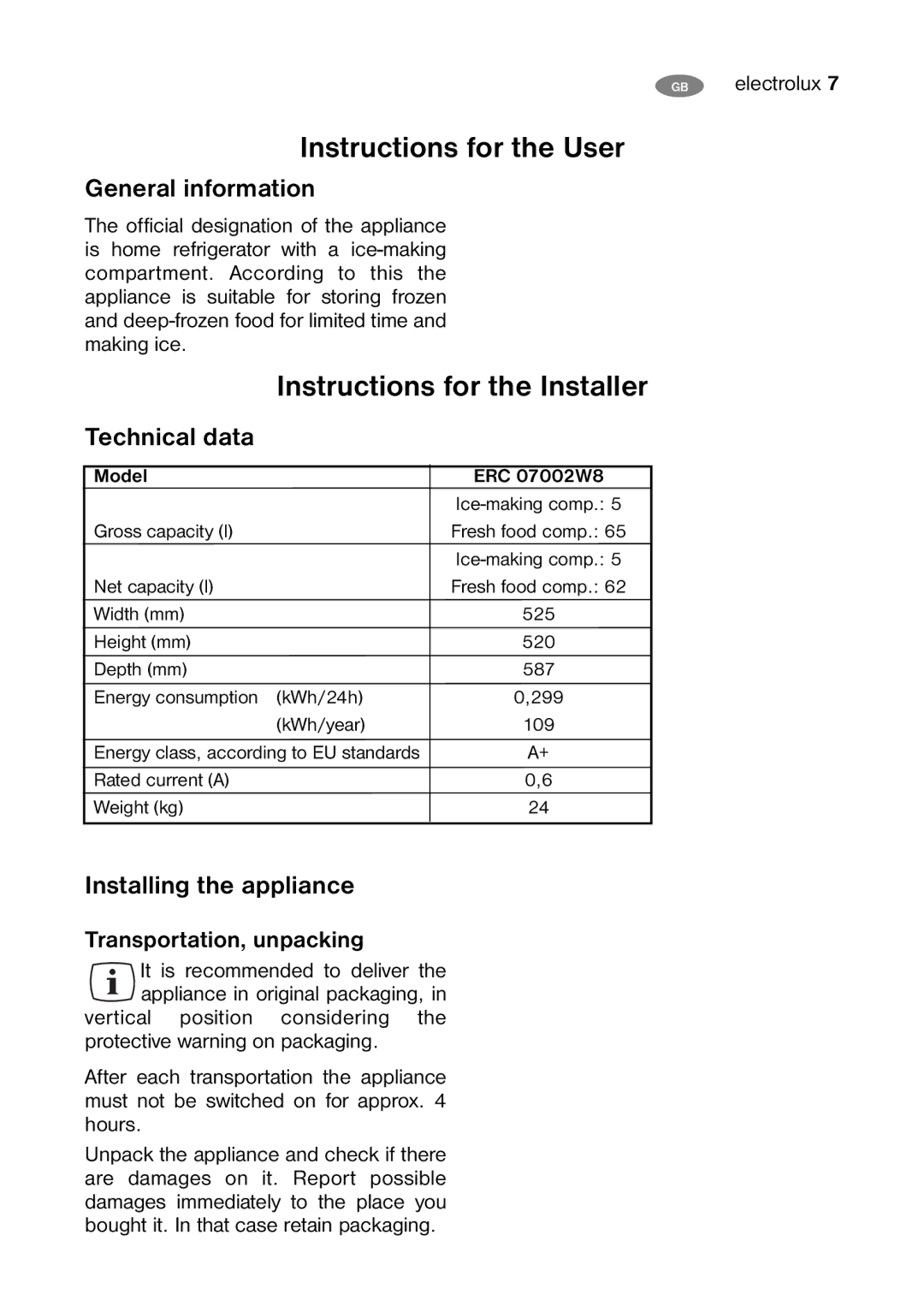 Electrolux ERC 07002W8 Instructions for the User, Instructions for the Installer, General information, Technical data 