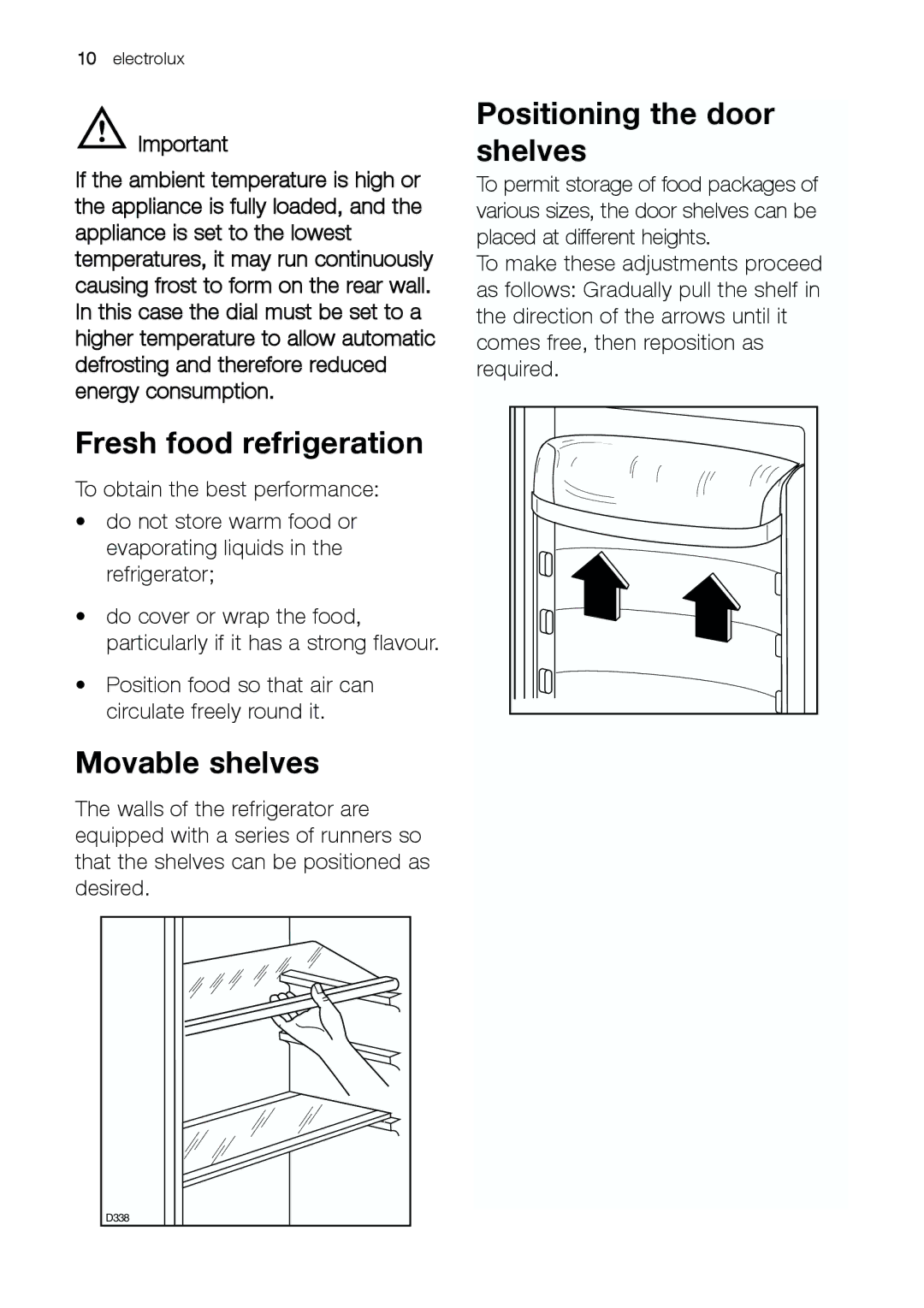 Electrolux ERC 25292 W manual Fresh food refrigeration, Movable shelves, Positioning the door shelves 