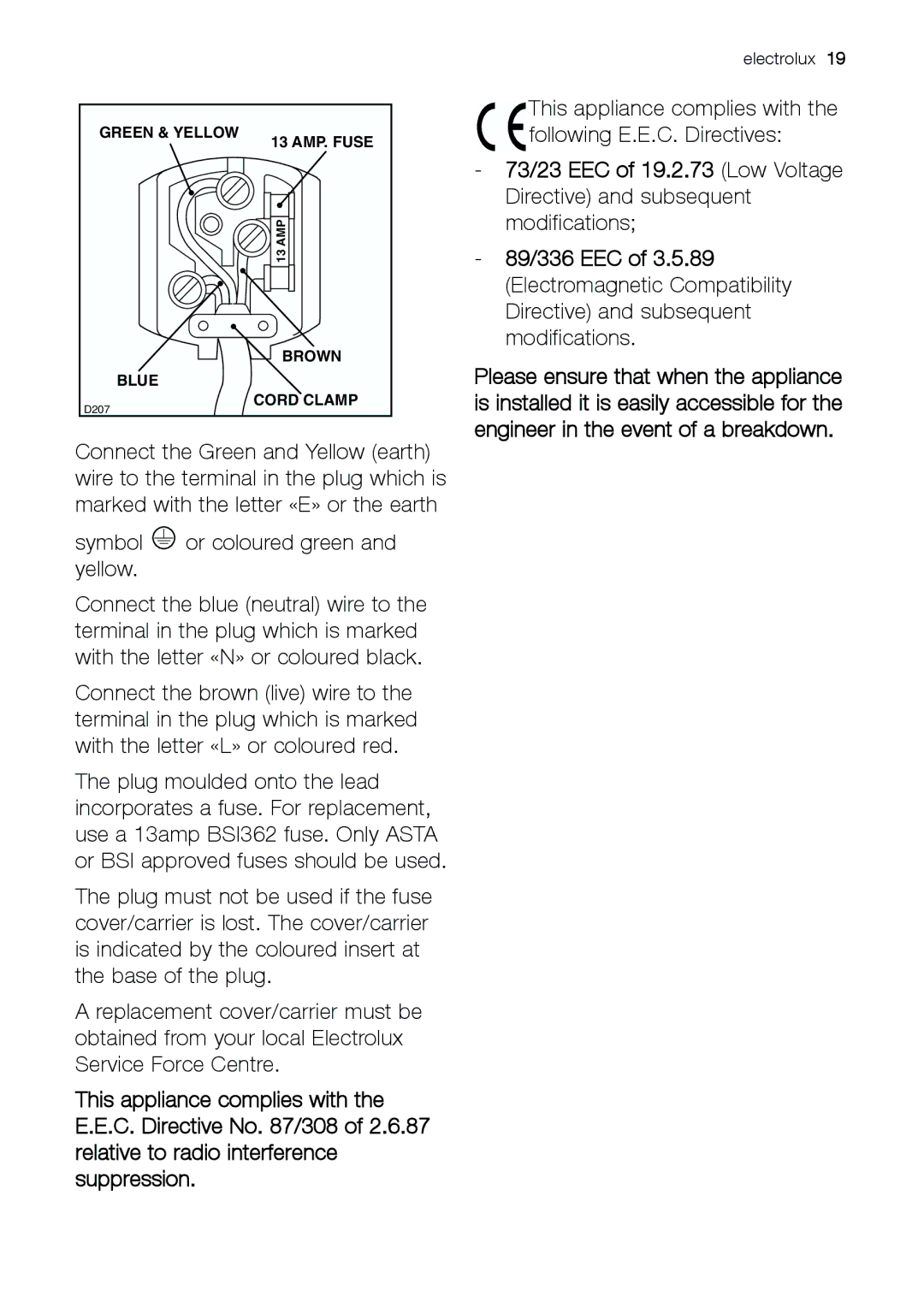 Electrolux ERC 25292 W manual This appliance complies with the following E.E.C. Directives 