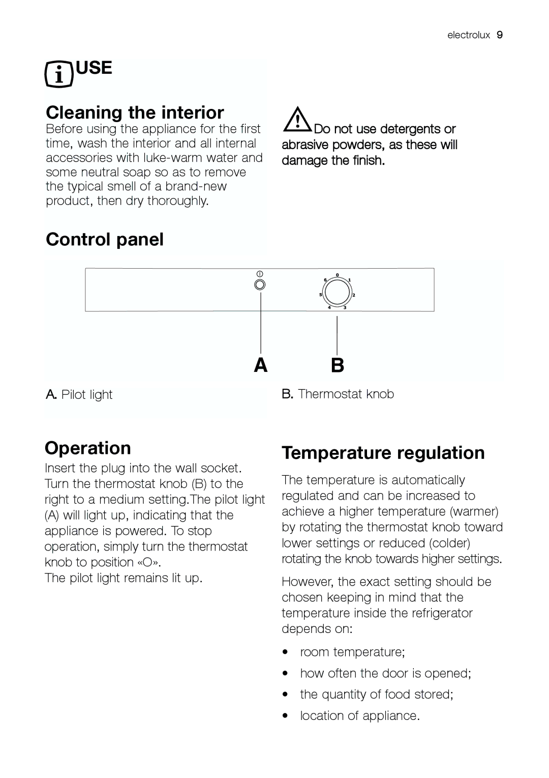 Electrolux ERC 25292 W manual Cleaning the interior, Control panel, Operation, Temperature regulation 