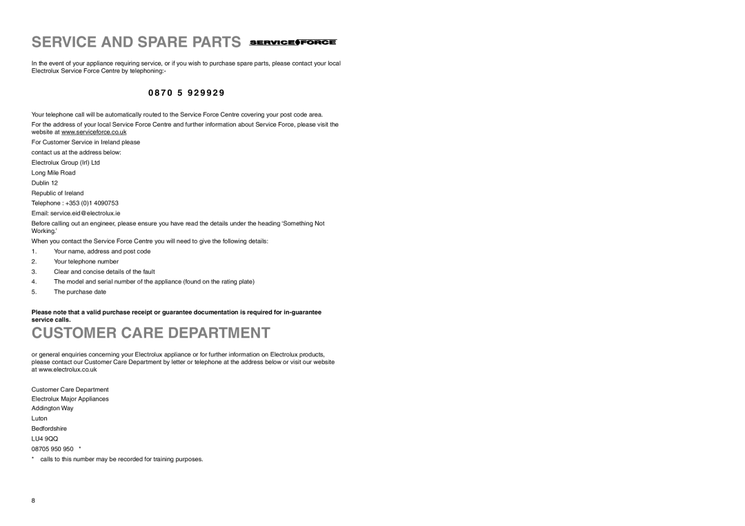 Electrolux ERC 3025 X manual Service and Spare Parts, Customer Care Department, 7 0 5 9 2 9 9 2 