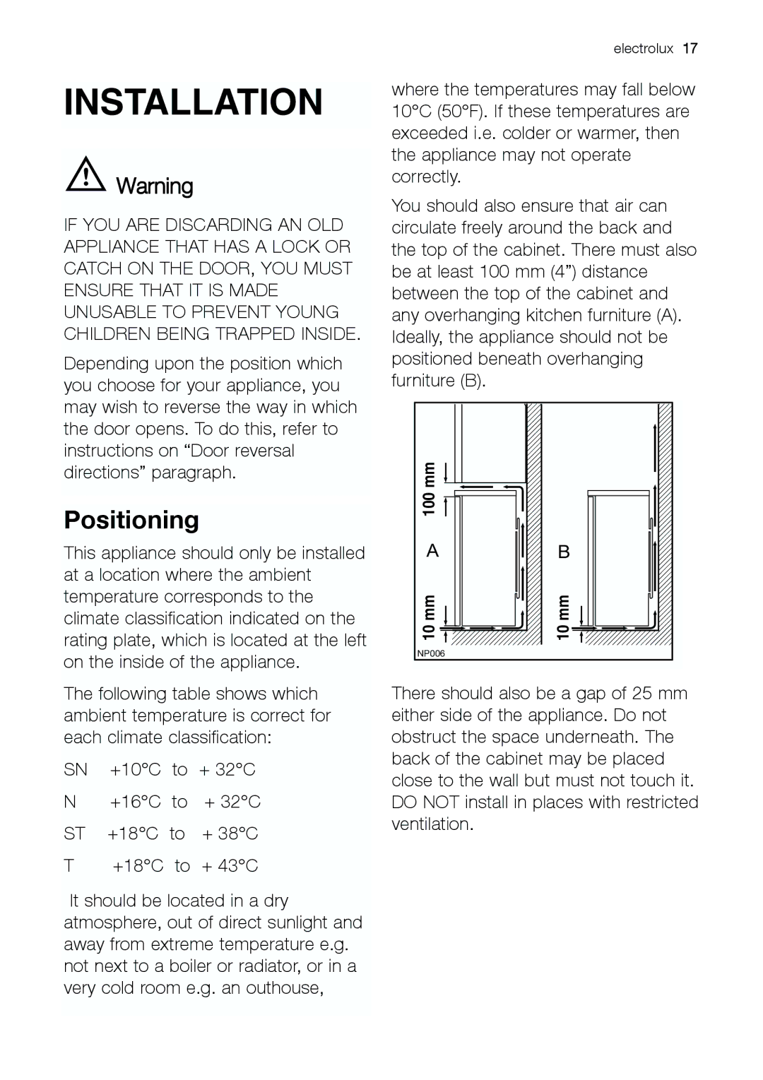 Electrolux ERC 34292 S manual Installation, Positioning 