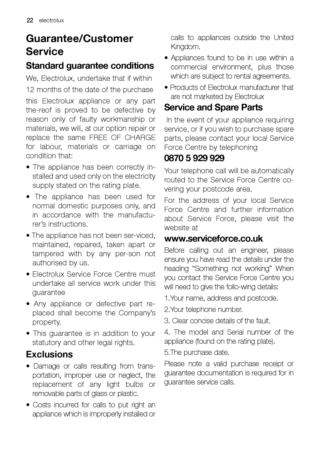 Electrolux ERC 34292 S manual Guarantee/Customer Service, Standard guarantee conditions 