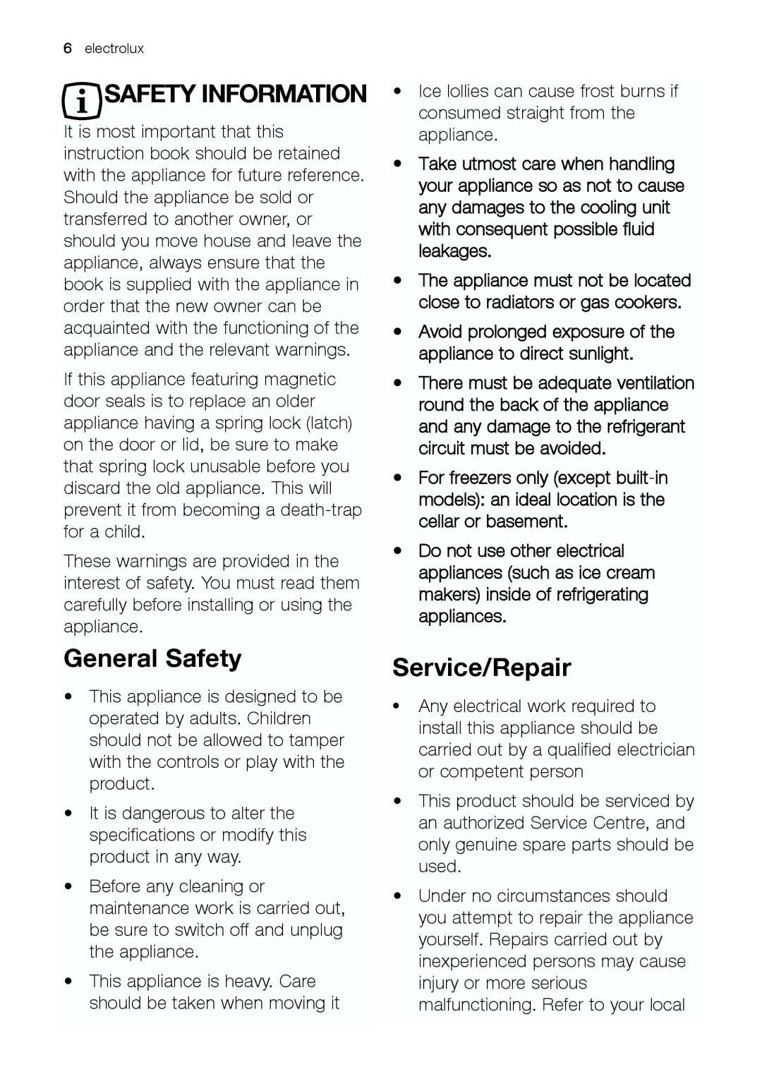 Electrolux ERC 34292 W manual General Safety, Service/Repair 