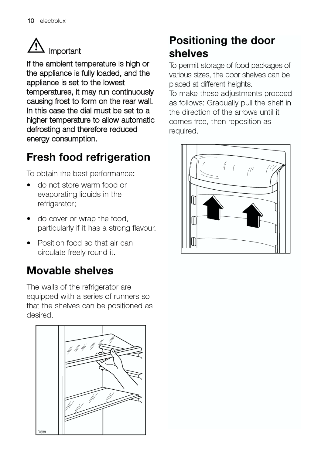 Electrolux ERC 39292 S manual Fresh food refrigeration, Movable shelves, Positioning the door shelves 
