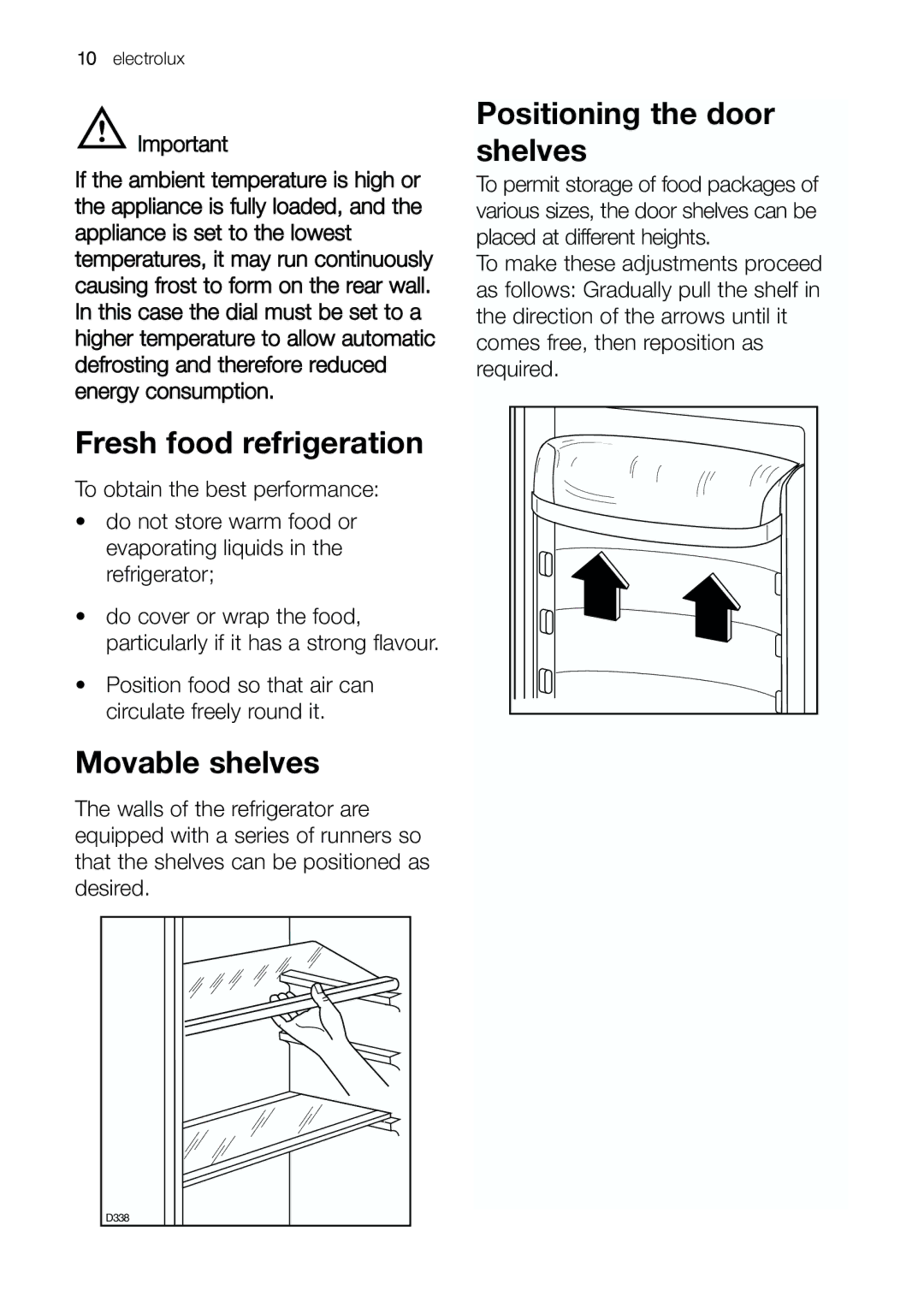 Electrolux ERC 39292 W manual Fresh food refrigeration, Movable shelves, Positioning the door shelves 