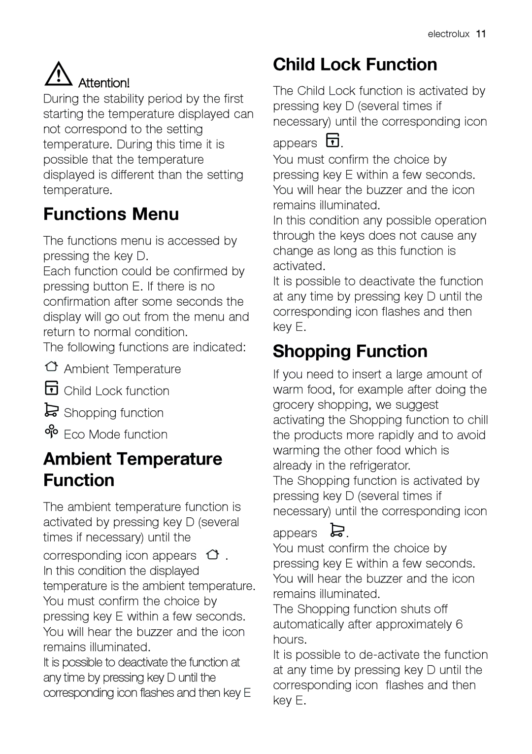 Electrolux ERC 39392 S manual Functions Menu, Child Lock Function, Shopping Function 